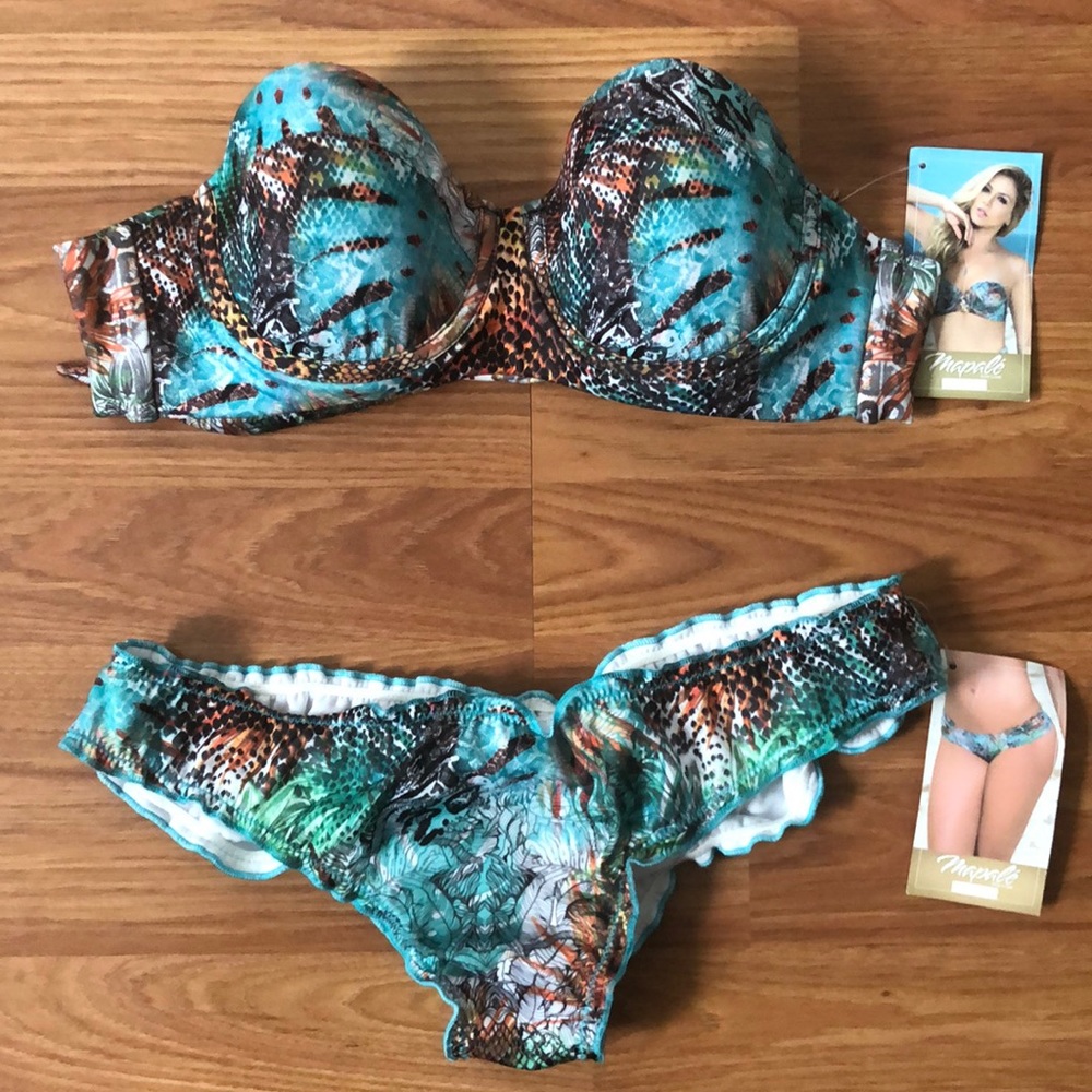 Mapale’ Botanic Ruffled Ruched Hipster Perfect Fit Top Bikini Swim Set S…